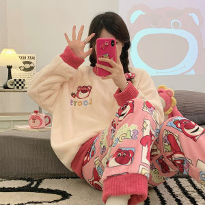 2024 Coral Fleece Sleepwear Womens Thickened Flannel Home Clothes Set Cute Student Warm Home Suit Long Sleeve Long Pants