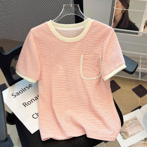 Big Sale Leak-Picking ~ Summer Classic Style Texture T-Shirt Womens Contrast Color Beaded Pocket round Neck Shoulder Short Sleeve Tops Tide