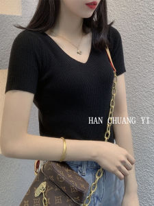 Summer 2023 Korean Style V-Neck Ice Silk Knitted Short Sleeve Slim Fit Thin Base Shirt for Women Commute Pure Color Other