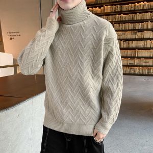 ROMON | Lormen Mens Thickened High Collar Sweater Casual Winter Fashion Warm Inner Knitted Wear PU Material Loose Fit Urban Style