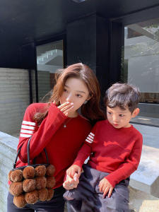 Red Knit Sweater for the Whole Family Casual Style Stripes Pattern Winter Season Suitable for Infants to 9 Years Old