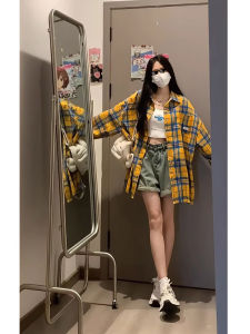 Yellow Plaid Long Sleeve Mens Shirt American Retro Style Spring Autumn Cleanfit Outerwear Casual Daily Wear Business Office