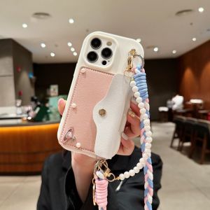  Style  17Promax Phone Case with Card Slot Diagonal Hanging Rope Pearl Chain Handheld 13P Saturn Wallet Protection