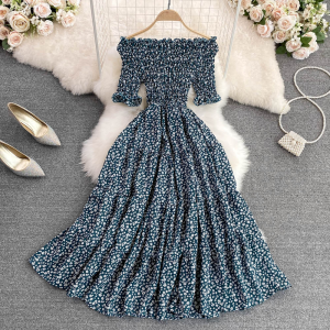 Beach Vacation Floral Lace A-Line Midi Dress Summer Season High Waist One-Shoulder Big Skirt Vintage Style Bubble Sleeve Dress