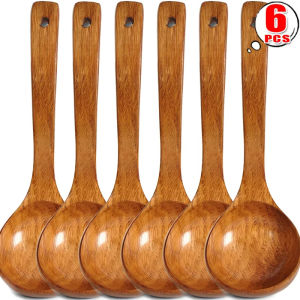 Dizoey 1/6PCS Natural Wooden Soup Spoons Long Handle Heat-resistant Scoop Portable Hanging Cookware for Home Kitchen Restaurant Cooking