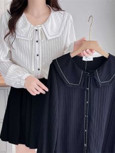 Spring and Autumn Korean Style New Doll Collar Lace up Shirt Plus Size Ladies Fresh Bright Line Single-Breasted Long Sleeve Plus Size Tops