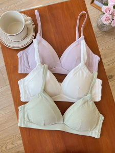 Pure Cotton Silk Spring Summer Thin French Triangle Cup Bra Wireless Womens Underwear Small Chest Gathered V-Neck Fixed Strap