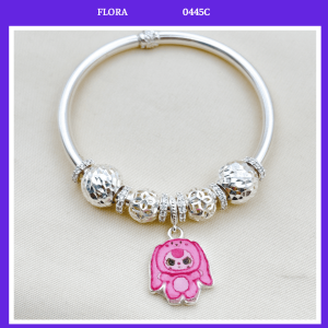 FLORA 0445C - Vòng tay bạc ta mix hình quả cầu phay kim tiề n mix charm hình Baby Three thỏ hồng dành cho bé gái