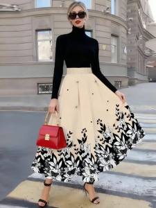 Printed Design Four Seasons Flower Black and White Pattern Holiday Style Half Skirt