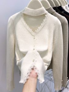 Womens Long Sleeve Lace Knitted Sweater Thickened Fleece One-Piece Winter New Style Bottoming Shirt Outerwear Top