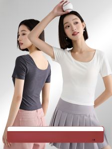 MiiOW | เสื้อยืดคอกว้างแขนสั้นทรงเข้ารูปสำหรับผู้หญิง MiiOW Cat ฤดูใบไม้ผลิ 2024 เสื้อชั้นในแบบสองชั้น ทรงสลิมฟิต ทรงสั้น แฟชั่น