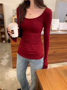 Korean Dress🎉เสื้อยืด💟แขนยาวทรงเพรียวบางมีสไตล์ เวอร์ชั่นเกาหลี เผยให้เห็นกระดูกไหปลาร้า แขนกระดิ่ง