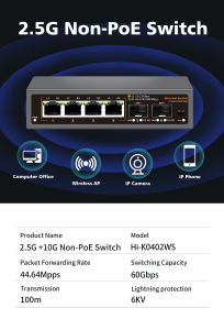 Hisource 4 Port 2.5G Ethernet Switch None POE Network Switch with 2 Port 10G SFP+ Unmanaged Plug and Play