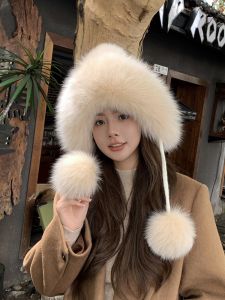 Warm Knitted Hat Womens Autumn Winter Fox Fur Bobble Hat Cycling Ear Protection Lei Feng Style Cute Ball Yarn Cap Sweet Adorable