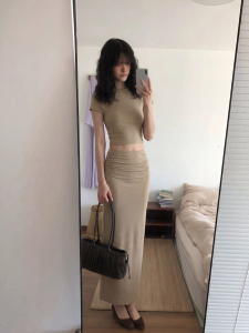 NINGXI | Round Neck Shoulder Fitting T-shirt High Waisted Pencil Skirt