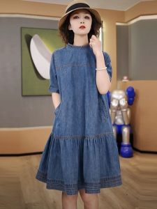 Summer plus Size Womens Casual Short Sleeve Dress Denim Autumn Style High Waist round Neck A-Line Midi Skirt for Plump MM