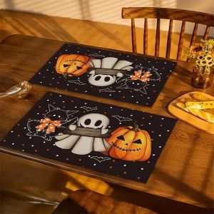 VIKAMA 4/6/8/10Pcs Halloween Daisy Pumpkin Black Cat Bat Pattern Placemats For Home Kitchen And Dining Room Decoration