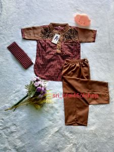 Baju koko anak laki laki kotak kotak kombinasi bordir lengan pendek