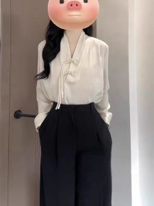 New Chinese Style Buckle Design Shirt for Women Spring & Fall Retro Elegant Inner Wear Blouse French Style V-neck Chic Shirt