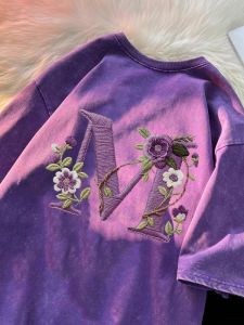 YEBO | Floral and Letter Embroidery-like Oversized T-Shirt Summer Vintage Washed
