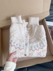 Sweet Soft round Neck Knit Sweater Cardigan Womens Loose Fit Autumn Winter White Pink Casual Comfortable Knitted Top