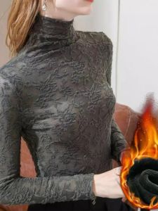 WANGGONGZHU | Womens High Collar Lace Base Shirt Autumn Winter Thickened Fleece Fashionable Retro Style Long Sleeve Top Princess Style