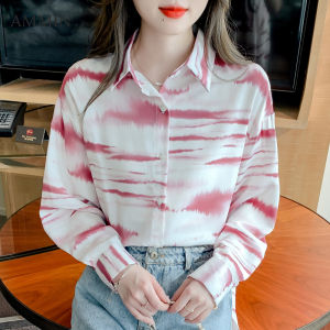 AMMIN Mùa Xuân Và Mùa Thu Dài Tay Ve Áo Kiểu Pháp In Màu Mực Áo Voan Cho Nữ Phiên Bản Hàn Quốc Ghép Màu In Họa Tiết Chắp Vá Áo Blouse Chống Nắng Áo Blouse Thanh Lịch