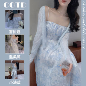 ชุดเดรสยาวลายดอกไม้สไตล์ฝรั่งเศสฤดูใบไม้ผลิ ชุดเดรสยาวทรงหลวมสำหรับผู้หญิง ชุดเดรสยาวแขนกุดฤดูร้อน