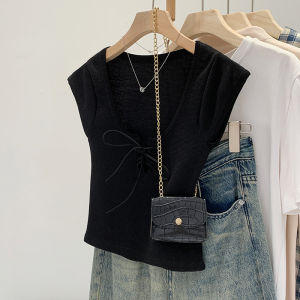 เสื้อยืดคอกลมแขนสั้นทรงสลิมฟิตสำหรับผู้หญิงในช่วงฤดูร้อน ดีไซน์เรียบง่าย สไตล์เกาหลี ผ้าโพลีเอสเตอร์ผสมคอตตอนและยางยืด