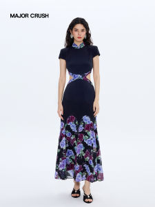 Modified Cheongsam Style Dress Floral Waist Cutout