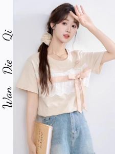 Sweet Butterfly Knot round Neck Short Sleeve T-Shirt Women Loose Embroidery Lace Top Cotton Summer Fashion Commute Style