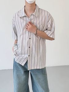 Classic Style Mens Short Sleeve Shirt with Contrasting Stripes Polo Shirt Cotton and Linen