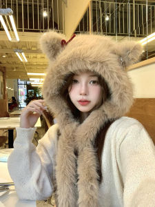 Stuffed Hat Womens Fall and Winter Cute Face-Looking Small Cold-Proof Heattech Student Outdoor Stuffed Hat Scarf Integrated