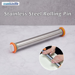 JustLiving Stainless Steel Adjustable Rolling Pin Silicone Baking Pastry Mat Combo Kit for Baking Fondant/ Pizza/ Pie/ Pastry/ Pasta/ Dough/ Cookies Essential Kitchen Tool