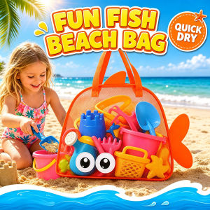 Cute Fish Large Capacity Storage Bag Portable Foldable Mesh Sand Digging Toy Organizer Pouch for Beach Travel Outdoor Sport