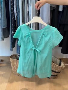 Áo Sơ Mi Vải Lanh Xanh Hồ Hàn Quốc Dành Cho Nữ Mùa Hè 2025 Áo Sơ Mi Cổ Chữ V Tay Ngắn Thoáng Khí Thoải Mái Thường Ngày