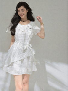 KEIKO | Elegant Sweet White Check Collar Irregular Ruffle Dress