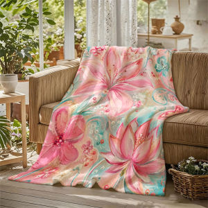 BILIBILI | Oil Pink Flowers Pearls Flannel Blanket Perfect for Sofa Office Bed Travel Sleep Read Relax Camping Four Season Use
