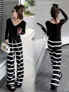 Casual Lazy Style Spring Autumn New V-neck Short Sleeve Long Sleeve T-shirt Striped Wide Leg Pants Heightening Two-piece Set