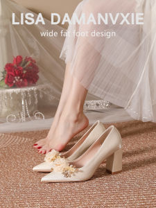 Champagne Colored plus Size High Heels Comfortable Chunky Stiletto Chinese Style Womens Shoes Fashionable Slip-On Single Shoes