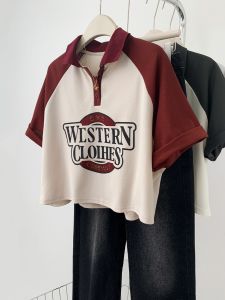 American Retro Shoulder Sleeve Polo Shirt Short Womens T-shirt Summer Elegant Sweet And Spicy Short Top Cotton Pure Korean Style Commute