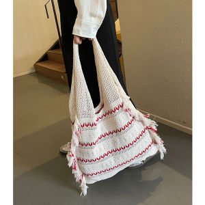 Knitted Straw Basket Large Capacity Hollow out Beach Style Commuter Bag Womens Tote Bag Summer 2024 Trend Handwoven Fabric