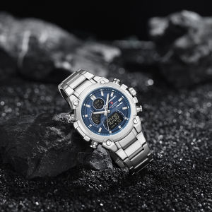 NAVIFORCE Original Mens Dual Time Watch Quartz Movement LCD Digital Calendar Date Chronograph Luminous Hands Stainless Steel Strap Waterproof 30m Mens Fashion Multifunctional Watch NF9278
