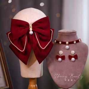 Retro Wine Red Satin Big Bow Hairpin Bride Toast Suit Headdress Engagement Hair Accessories Female Hairpin Fancy