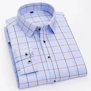 Mens Dress Shirts Striped Long Sleeve Plaid Checked Shirt Smart Casual Business Non-Ironing Korean Slim Fit Formal Blue White