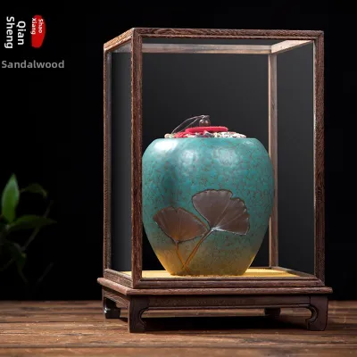 Redwood Artistic Glass Cover Dustproof Chicken Wing Wood Buddha Statue Base Display Stand Chinese Style Home Decoration Carving