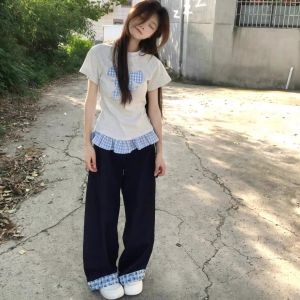 Áo Thun Cotton Tay Ngắn Mùa Hè Cho Nữ Áo Thun Cổ Tròn Họa Tiết Kẻ Caro Vá Thắt Nút Bướm Dáng Ôm Mặc Thường Ngày