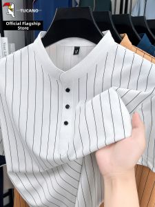 TUCANO | Summer New Chinese Style Ice Silk Polo Shirt Stand Collar Vertical Stripe Half Placket Men T-Shirt
