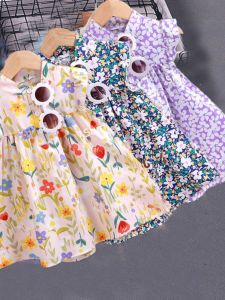 Girls Summer Floral Dress Thin Cotton Blend Short Sleeve A-Line Skirt Breathable Moisture Wicking Machine Washable Kids Clothing