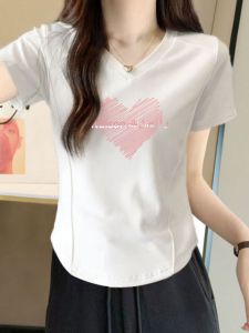 Large Size Pure Cotton V-Neck Short Sleeve T-Shirt Women Summer New Fashion Anti-Aging Irregular Fishbone Top Trendy Commute